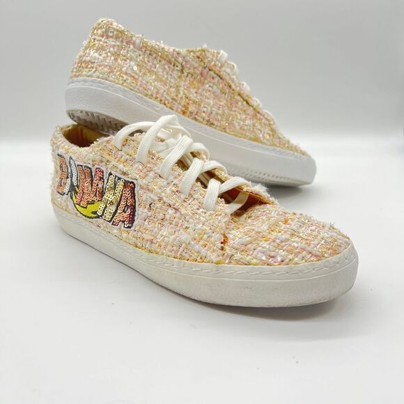 Zara Sequin Banana Patch textured TweedTan White Bronze Sneakers Size 37 - Picture 2 of 12